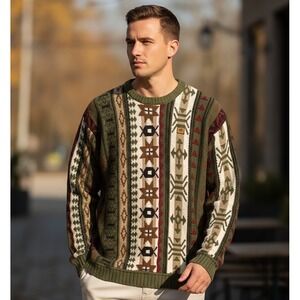 VTG Aztec Southwest Mens Sweater L Army Green‎ Stripe Chunky Pullover Grandpa